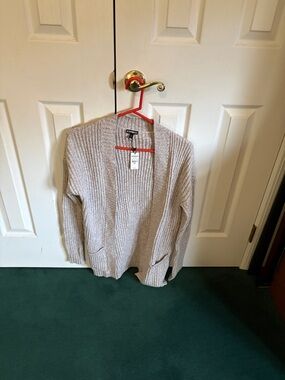 Express Open-Front Ribbed Cardigan - Light Taupe cute pockets